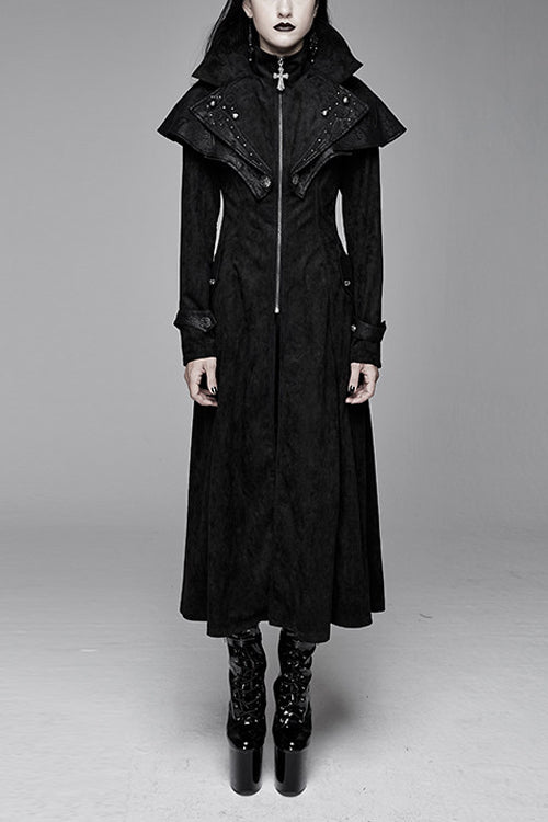 Black Hand Embroidered Big Shawl Collar Zipper Up Long Womens Gothic Coat