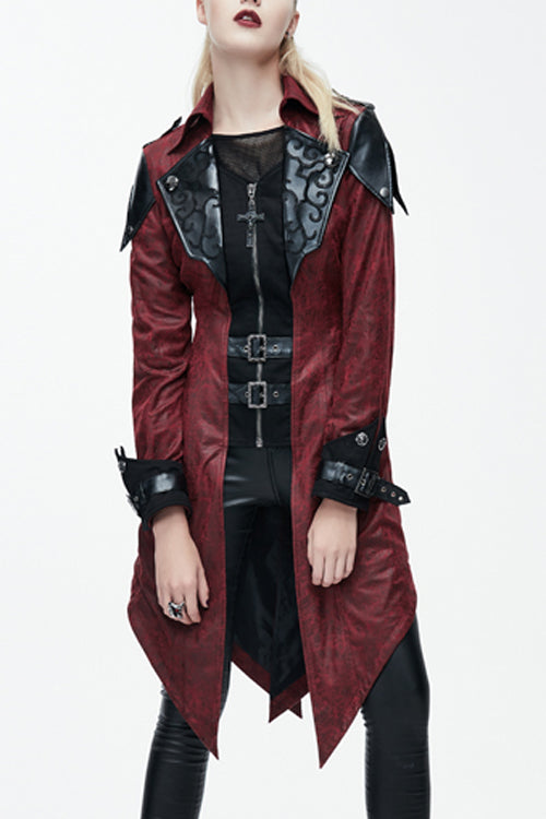 Punk Schwarz Und Rot Applique Damen Mit Kapuze Leder Lange Mäntel