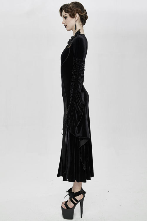 Black Flocking Pattern Trumpet Sleeve Sexy Womens Gothic Fitted Velvet Dress