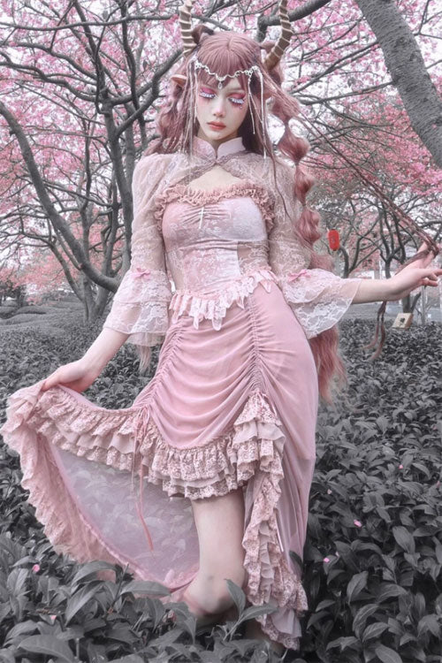 Pink Cherry Nightmare V Collar High Waisted Gothic Lolita JSK Dress