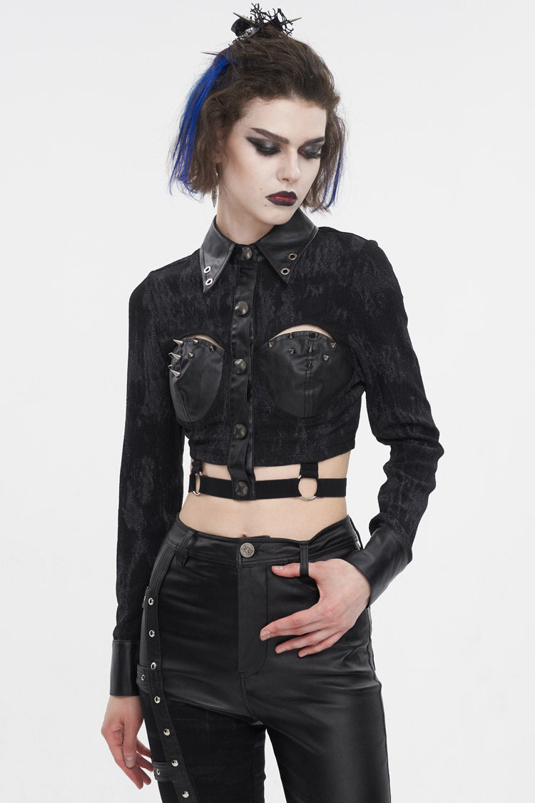 Black Turn Down Collar Cutout Long Sleeves Studded Women's Punk Shirt