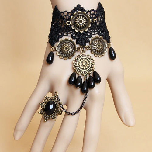 Black Retro Lace Pearl Gems Palace Prom Female Personality Gothic Lolita Bracelet With Ring One Chain