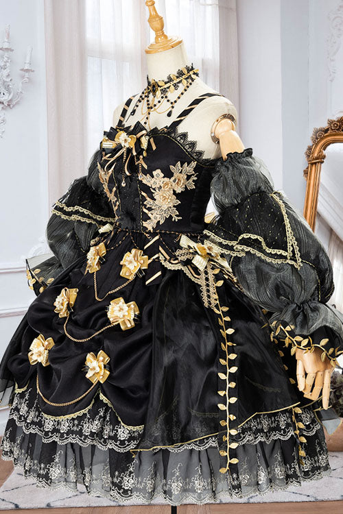 Black Vintage Elegant Court Style Embroidery Ruffled Classic Lolita JSK Dress