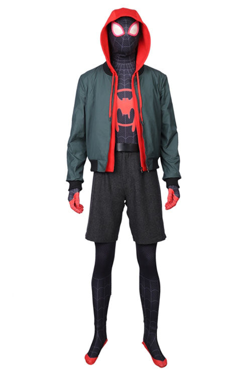 Spider-Man Into The Spider-Verse Spider-Man Miles Morales Black/Red Male Version Hoodie Halloween Cosplay Costume Full Set (Without Bodysuit)