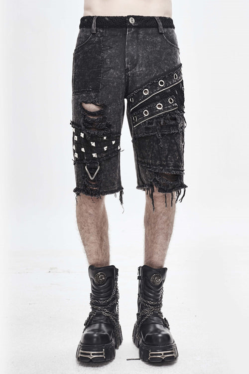 Black Decadence Punk Rock Nailed Ragged Shorts Mens Pants