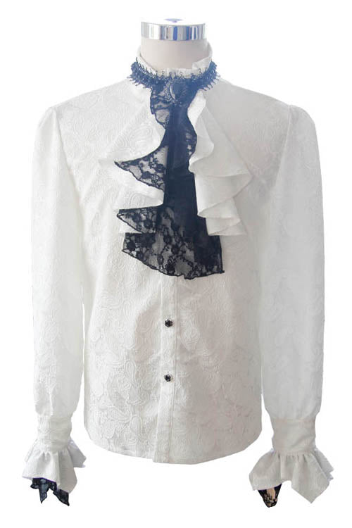 White Shining Rose Print Lace Cuff Mens Gothic Blouse
