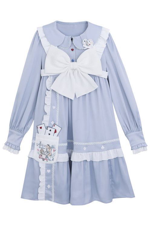 Blue Doll Collar Single Breasted Princess Sleeves High Waist Magic Playing Cards Sweet Lolita OP Dress