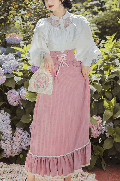 Pink Vintage Palace Style Ruffled Stripe Print High Waisted Classic Lolita Dress Skirt