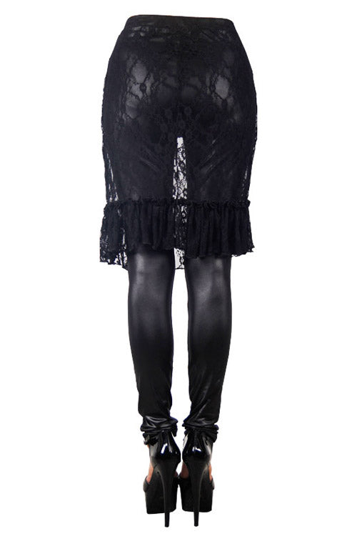 Black Rose Lace Mesh Outer Skirt Gothic Faux Leather Womens Pants