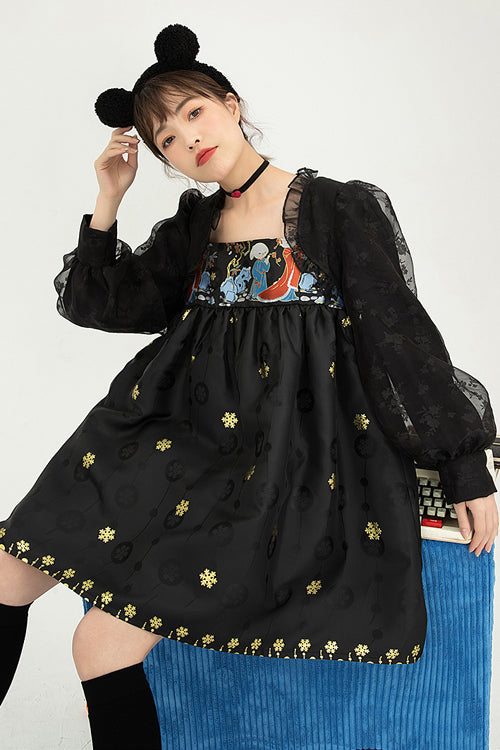 Black Square Neck Organza Print Ruffled Lantern Sleeves High Waisted Sweet Lolita OP Dress