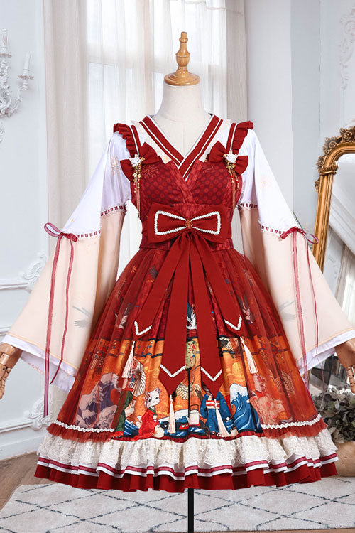 Wine Ukiyolu Cat Print Long Sleeves Chinese Style Fake Two Pieces Bowknot Ruffled Sweet Lolita OP Dress