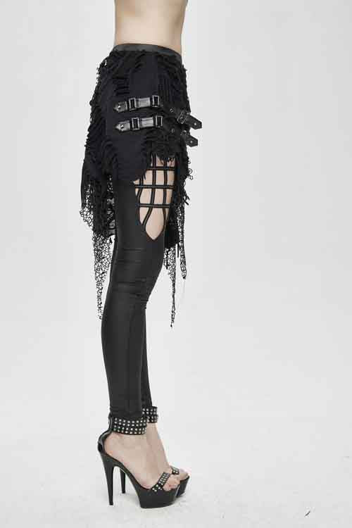 Black Fake Two Pieces Ripped Skirts Sexy Leggings Womens Pants