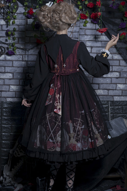 Black/Red Lapel Collar Long Sleeves High Waisted Printed Gothic Lolita OP Dress