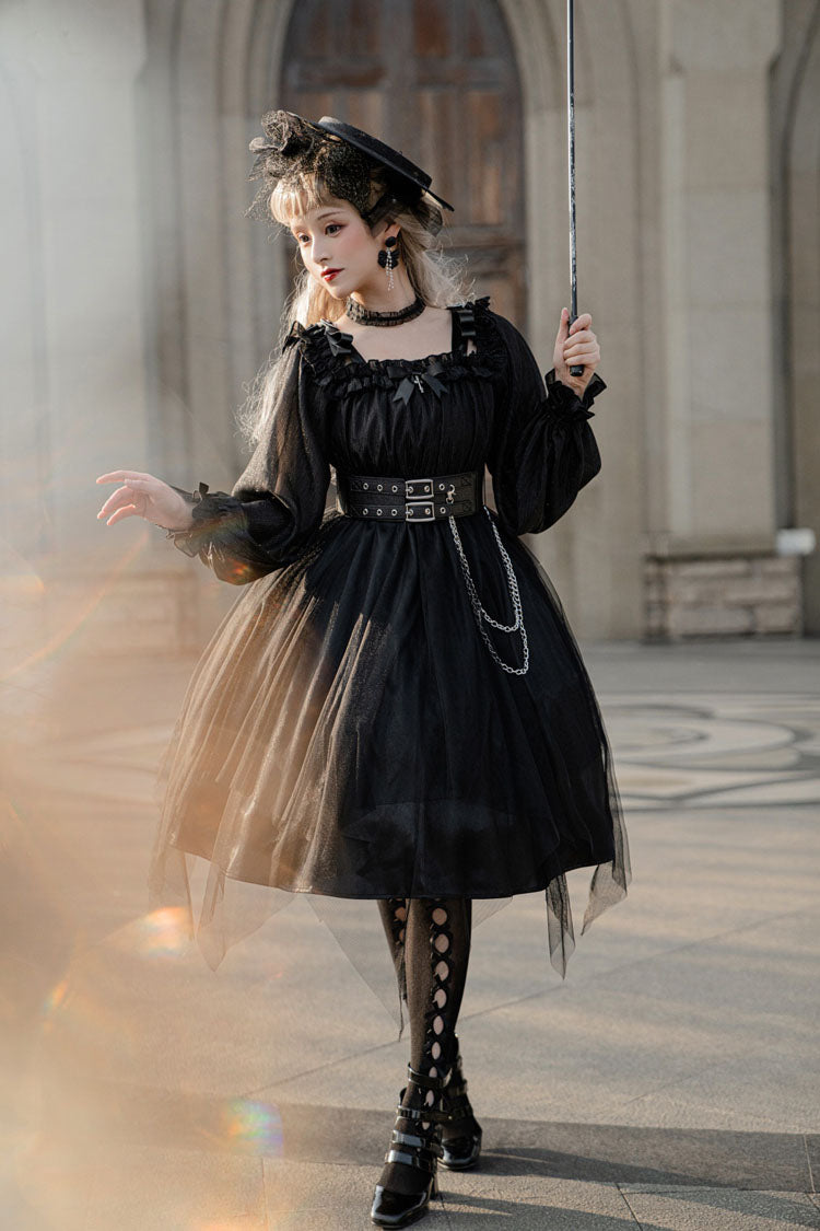 Black Square Collar Metal Chain Organza Stitching Gothic Lolita OP Dress (Short Version)