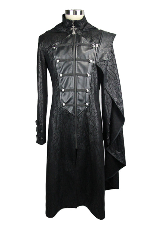 Black Hooded One Side Shawl Style Mens Leather Long Punk Coat
