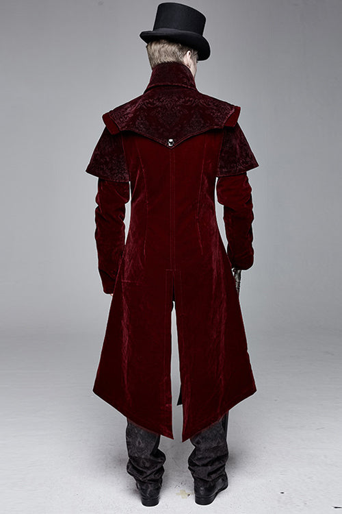 Red Gothic Stand Collar Velveteen Mens Coat