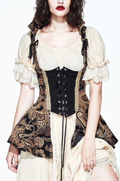 Brown Paisley Print Jacquard Bare Breast Lace Up Gothic Corset