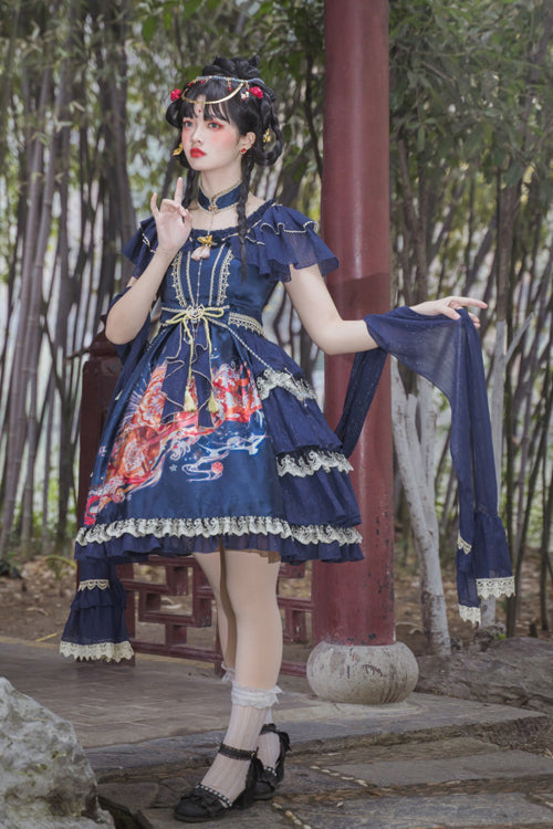 Round Collar Ruffled Short Sleeves Elegant Print High Waist Classic Lolita Dress