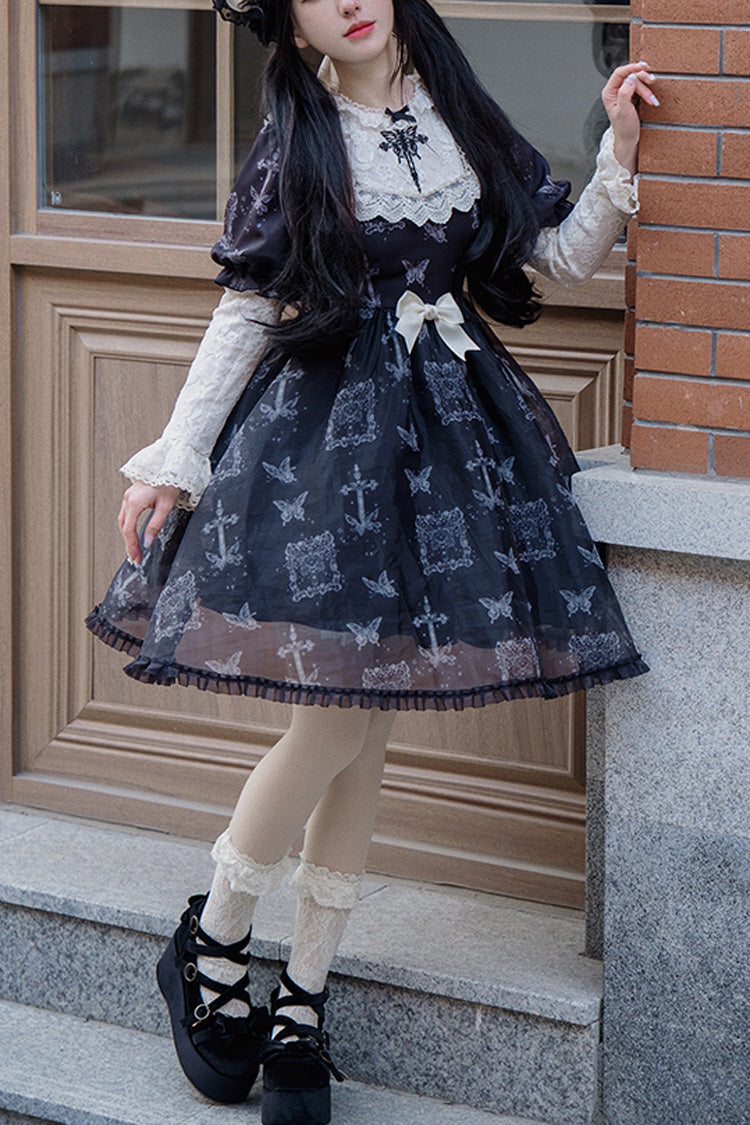 Black Embroidered Butterfly Print Gothic Lolita Dress