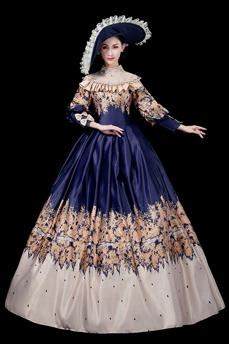 Blue Court Style High Waisted Half Sleeves Victorian Lolita Prom Dress