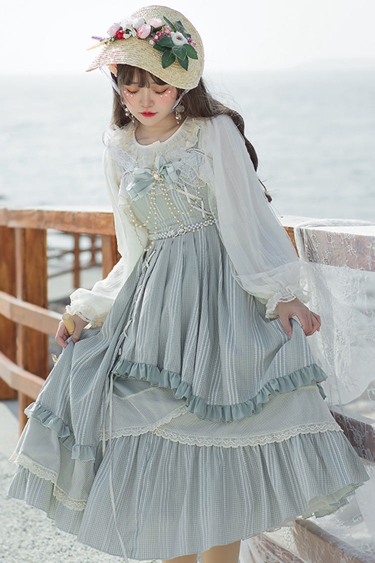 Light Blue Ribbed Chiffon Juniors Sweet Lolita JSK Dress (Belt & Chain are included)