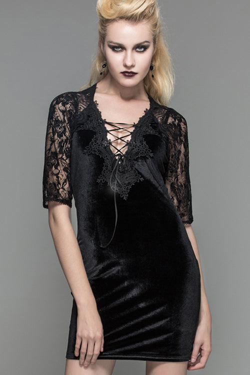 Black Lace Raglan Sleeves Rose Mesh Flocking Sexy Deep V Velvet Womens Gothic Dress