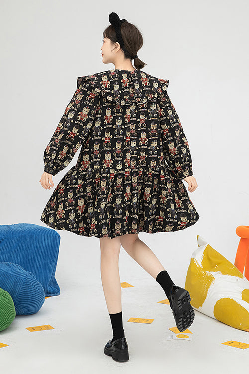 Black Doll Collar Bear Print Puff Sleeves Ruffled Sweet Lolita OP Dress