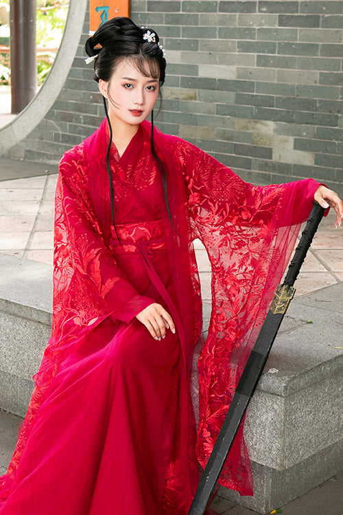 Red Chinese Style Chivalrous Female Plus Size Sweet Hanfu Dress