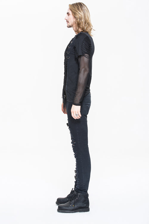 Black Knitted Diamond Mesh Mens Punk T-Shirt With Ribbons