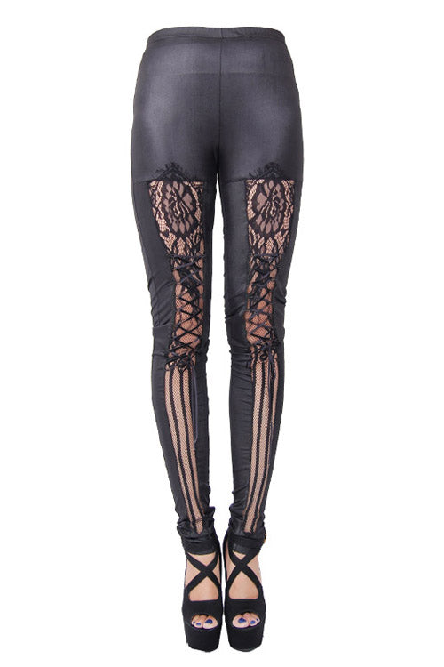 Black Front Splice Mesh Lace Up Gothic Knit Womens Pants