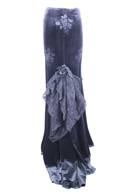 Black Rose Embossed Gothic Velvet Long Womens Half Fishtail Skirt