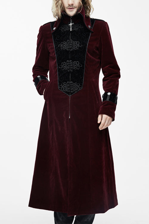 Gothic Wine Western Fashion Patchwork Plum Patterned Velveteen Mens Coat