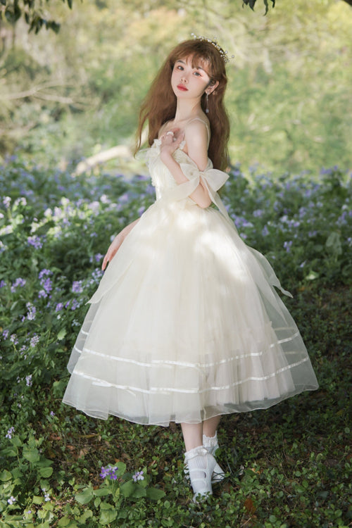 Beige Small Ballet High Waisted Bowknot Chiffon Long Version Sweet Lolita JSK Dress