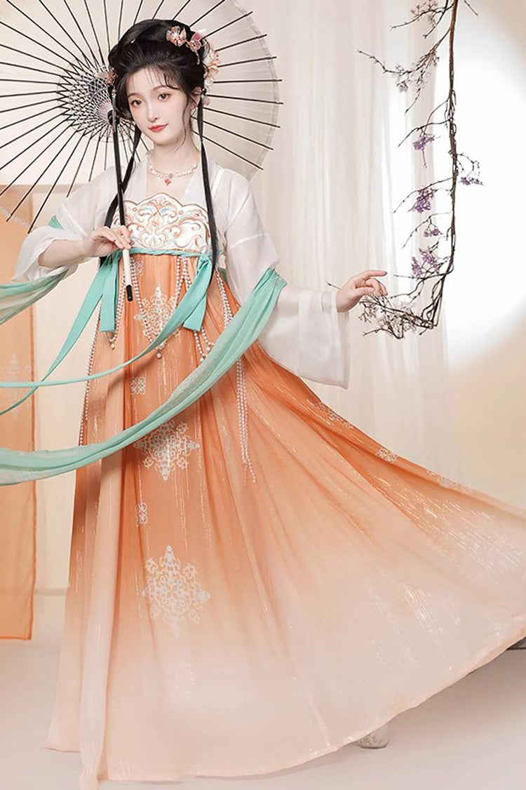 Orange Chinese Style <Springtime Greeting> Embroidery High Waisted Long Trumpet Sleeves Hanfu Dress