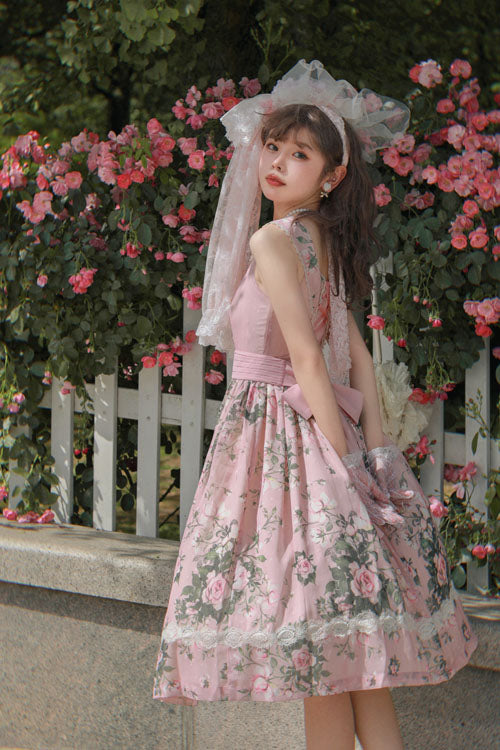 Pink Elegant Vintage French Rose Floral Print V Collar Sleeveless Ruffled Classic Lolita JSK Dress