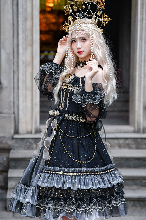Black Starry Night Square Collar Bowknot Multi-Layer Ruffled Cardigan Gothic Lolita JSK Dress with Detached Sleeves