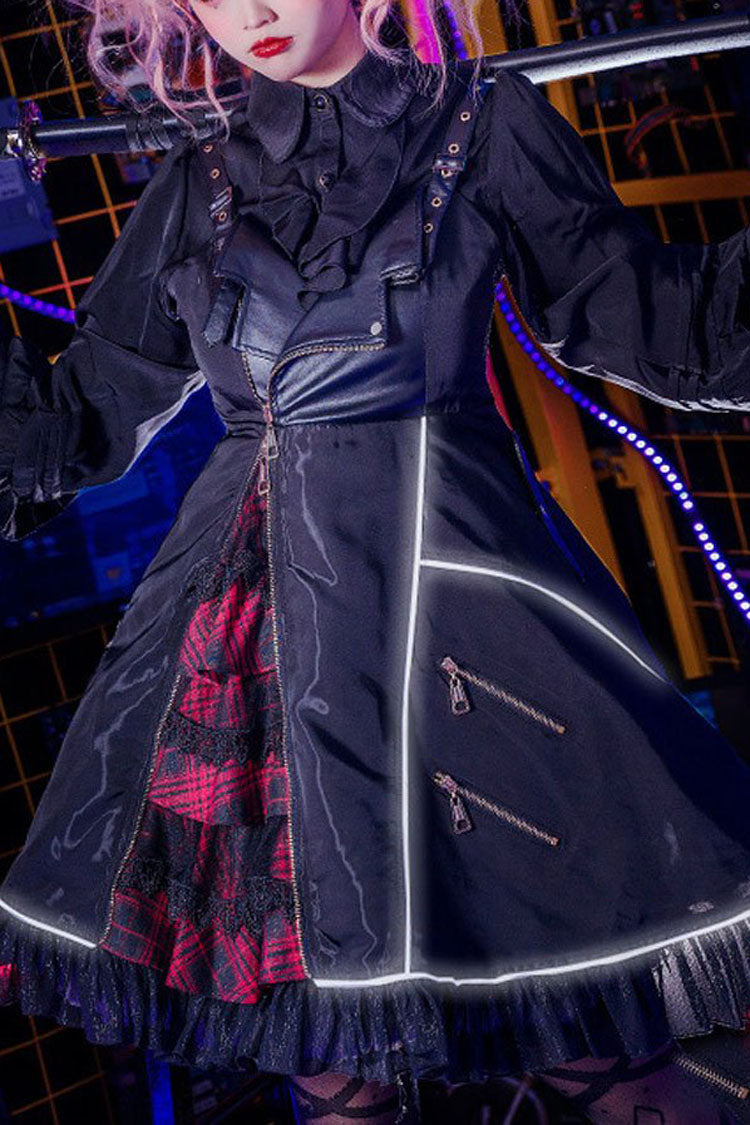 Black Stitching Zipper Cardigan Ruffled Multi-Layer Gothic Lolita Jsk Dress (Will shine at night)