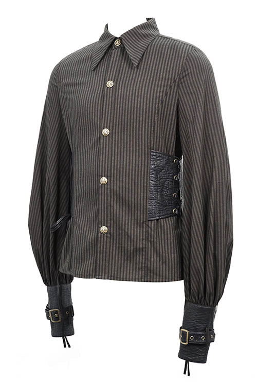 Brown Striped Waist Cuff Leather Mens Punk Blouse