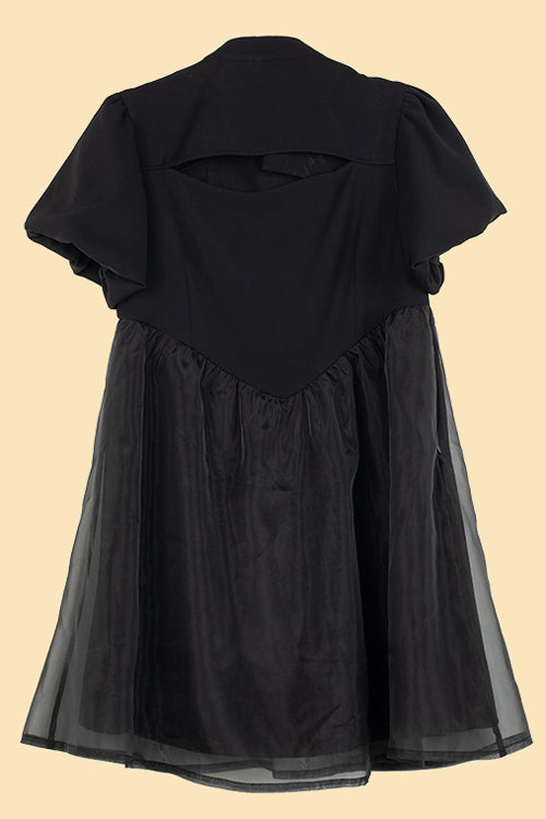 ブラック スタンドカラー ランタン 半袖 花柄 オーガンジー パネル スイート ロリータ ドレス