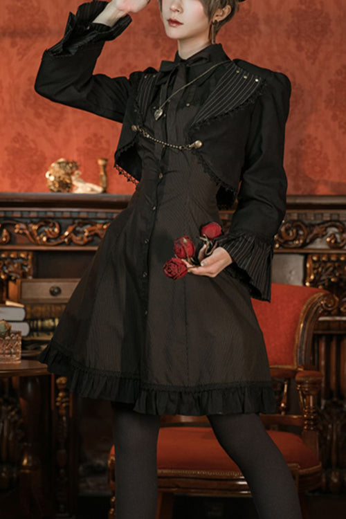 Black/Brown Single Breasted Long Sleeves Ruffled Striped Print Ouji Lolita Dress