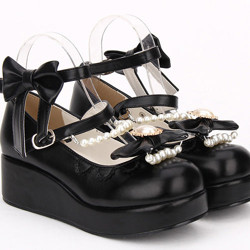 Round toe Bowknot Pearl Chain Classic Lolita Shoes