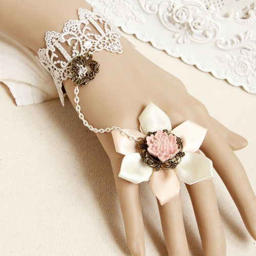 White Retro Fashion Lace Pink Flowers Female Bride Bridesmaid Lolita Ring Bracelet