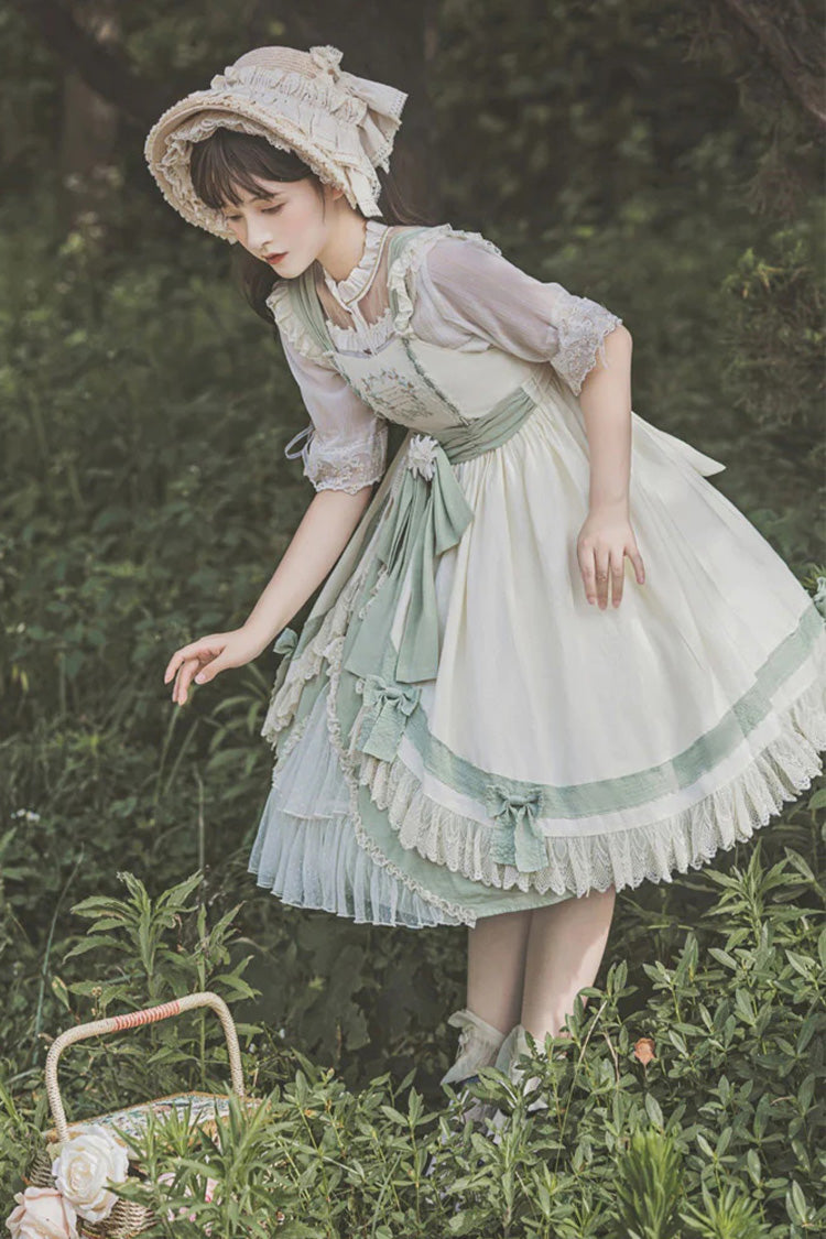 White/Green Country Style Daisy Poem Elegant Boat Neck High Waisted Sweet Lolita Jsk Dress