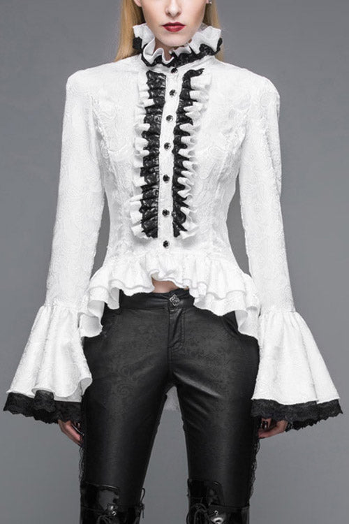 White Trumpet Sleeves Lace Ruffled Vintage Print Womens Gothic Blouse