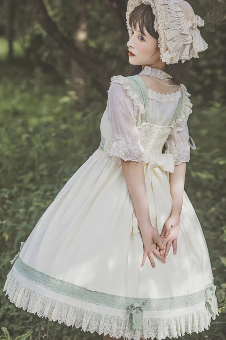 White/Green Country Style Daisy Poem Elegant Boat Neck High Waisted Sweet Lolita Jsk Dress