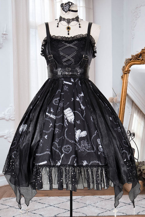 Dark Blue Vampire Diaries Theme Bowknot Ruffled Gothic Lolita JSK Dress Full Set