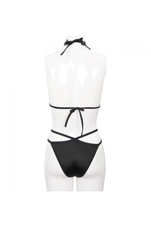 Black Gothic Lace Collar Lace Up Bikini Swimsuit