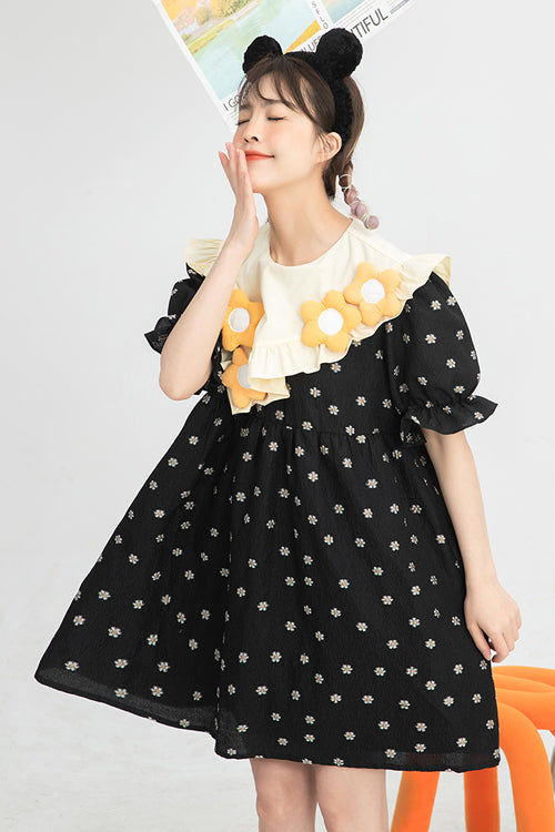 Black Ruffled Splicing Round Collar Bubble Short Sleeves Floral Print High Waisted Sweet Lolita Dress