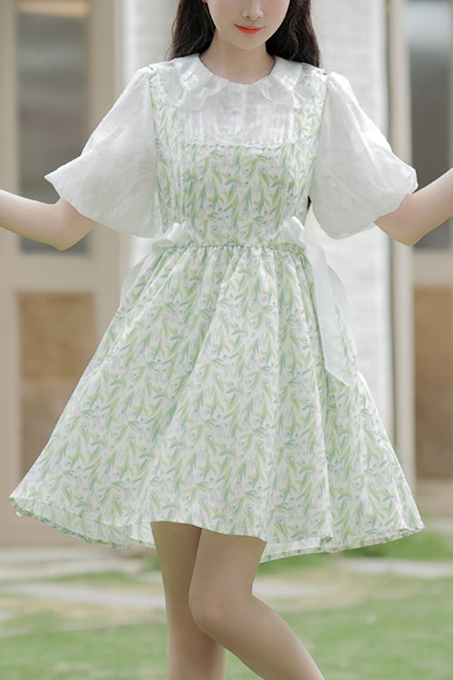 グリーンドールカラーパフ半袖シフォン花柄ハイウエストスイートロリータドレス