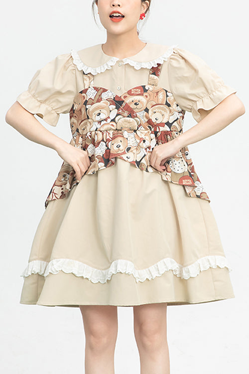 Beige Vintage Doll Collar Bear Print Fake Two Pieces Short Sleeves Sweet Lolita Dress